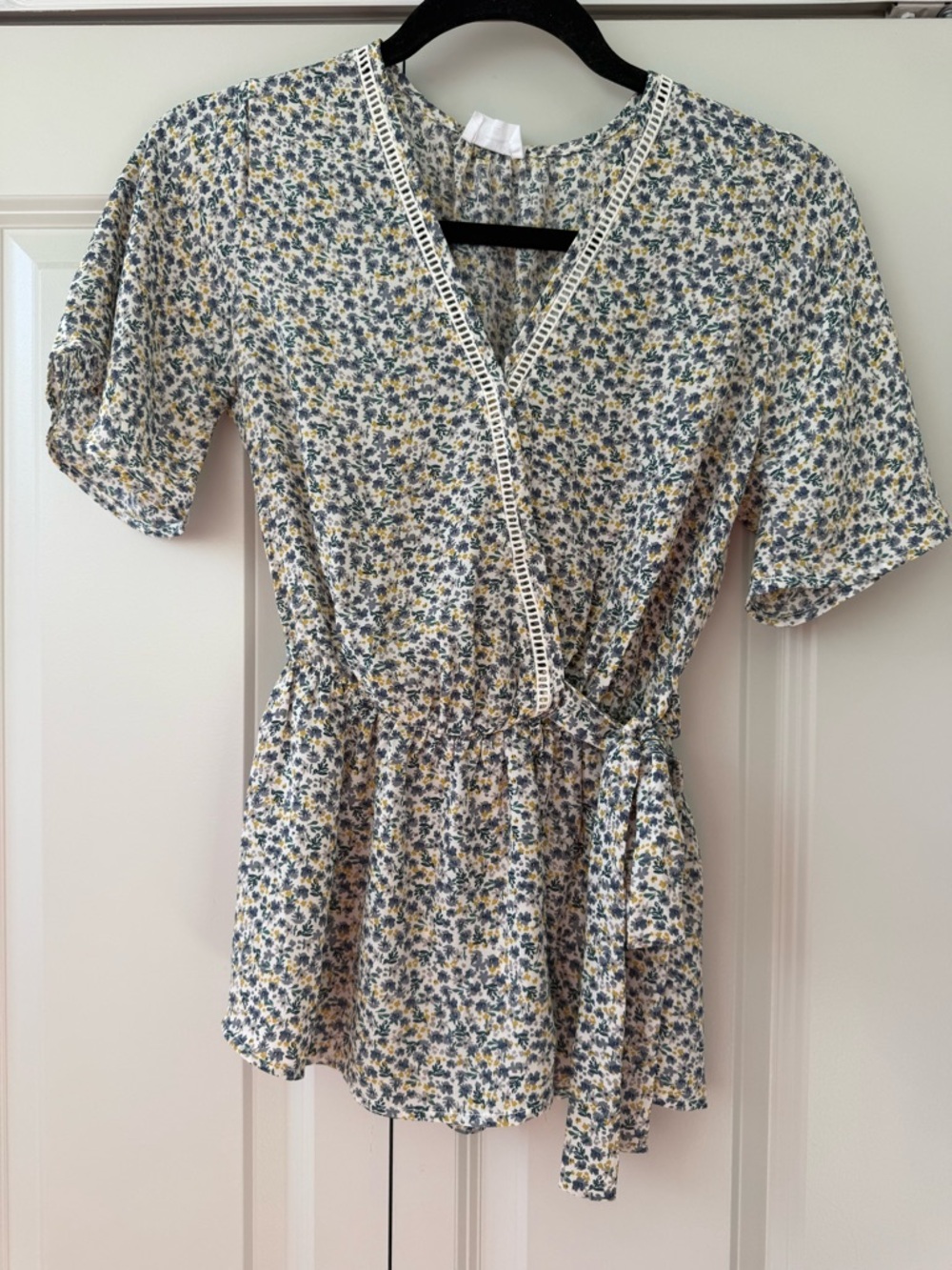 Sienna Sky Floral Wrap Peplum Top - Blue & Yellow